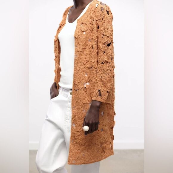 Zara Macramé Open Knit Boho Cardigan Coat Small - Picture 8 of 12